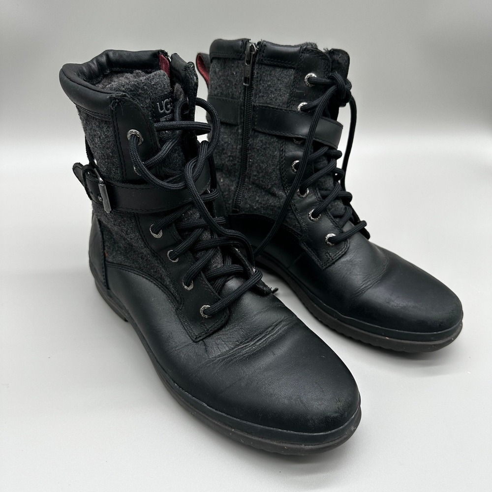UGG Kesey Boots Womens 9 Black Leather Wool Lace Up Side Zip Moto 1005264